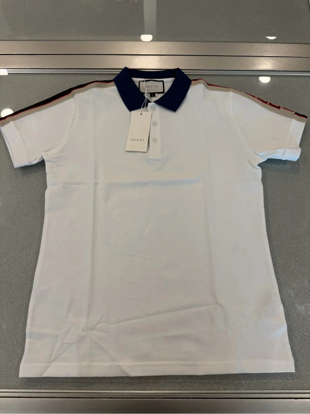 Gucci White Polo with Navy Collar and Red-Navy Shoulder Stripes